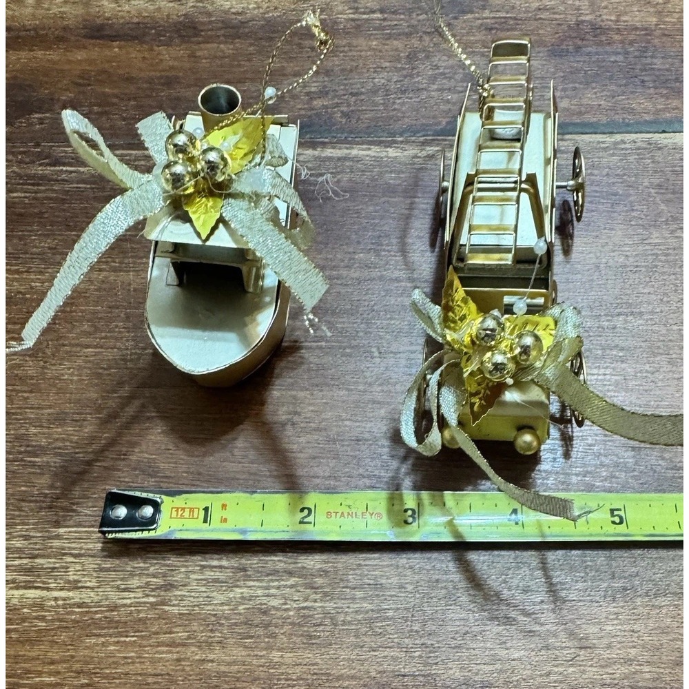Vintage Gold Toned Metal Christmas Ornaments Featuring A Fire Truck And Boat - Picture 2 of 16